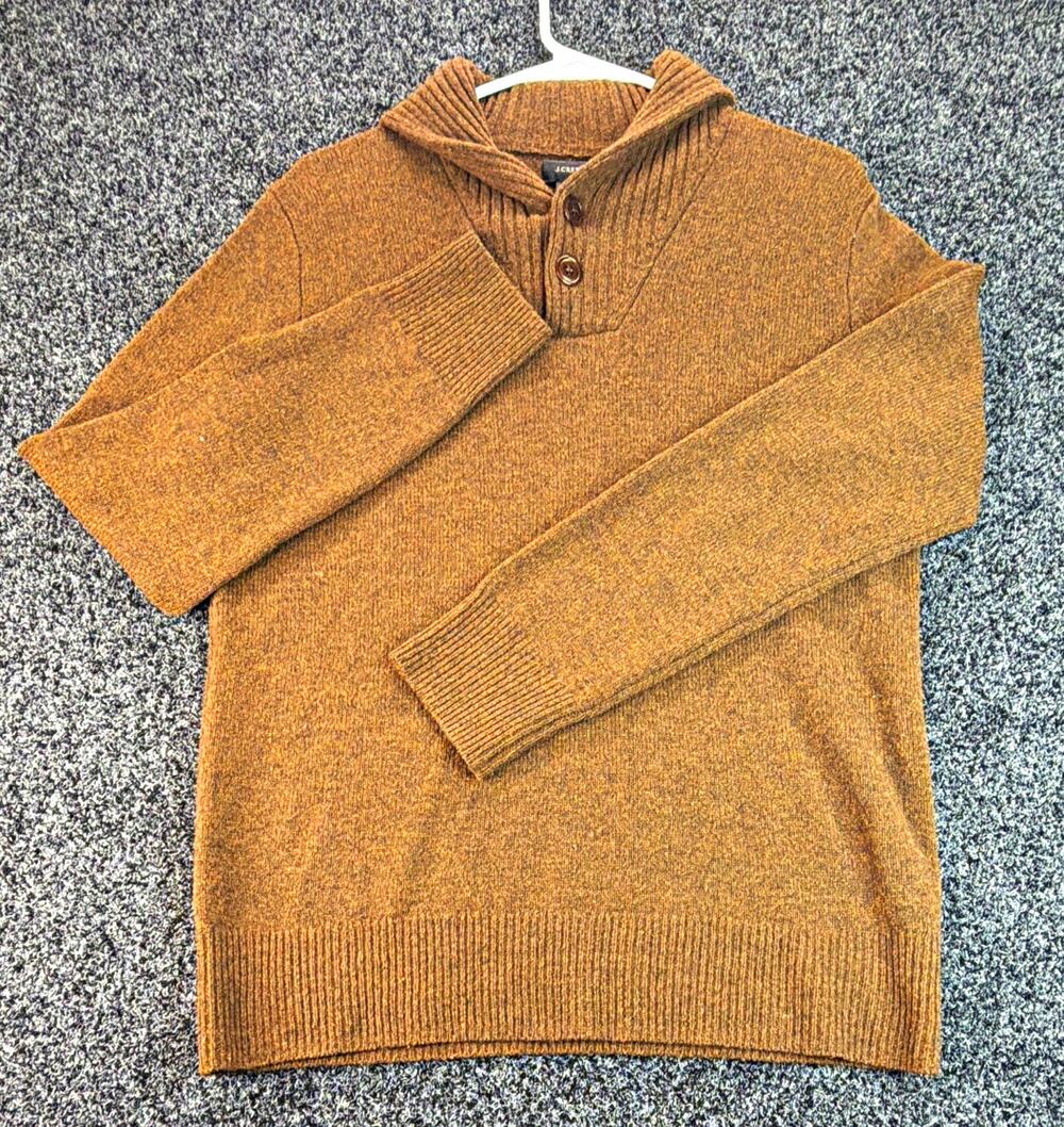 J.CREW Mens S Brown Collared Lambswool Knit Pullover Sweater Button Neck